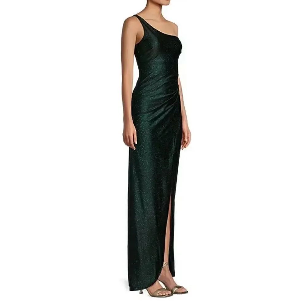 NWT Honey and Rosie Green Sparkly One Shoulder Pleated Sideb Long Dress Prom Dr